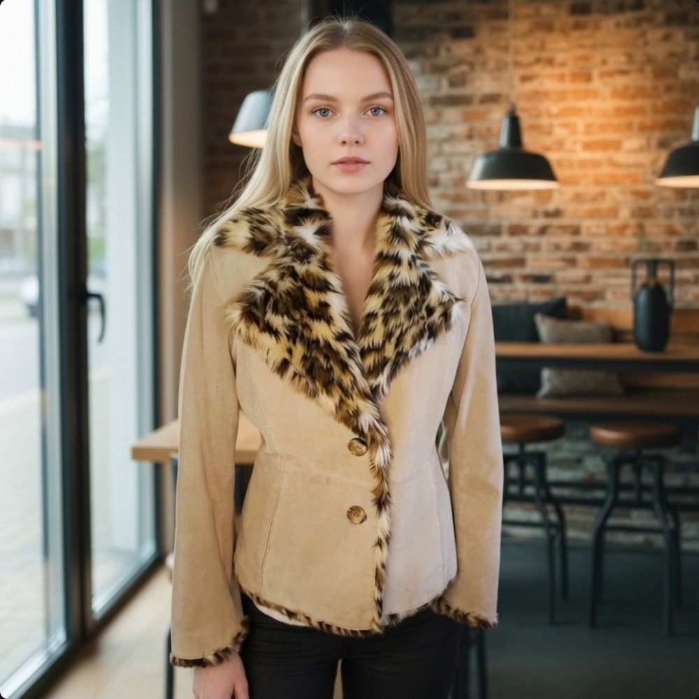 90s Y2K Suede Leather Jacket Faux Fur Leopard Collar Beige‎ Penny Lane Sz Small